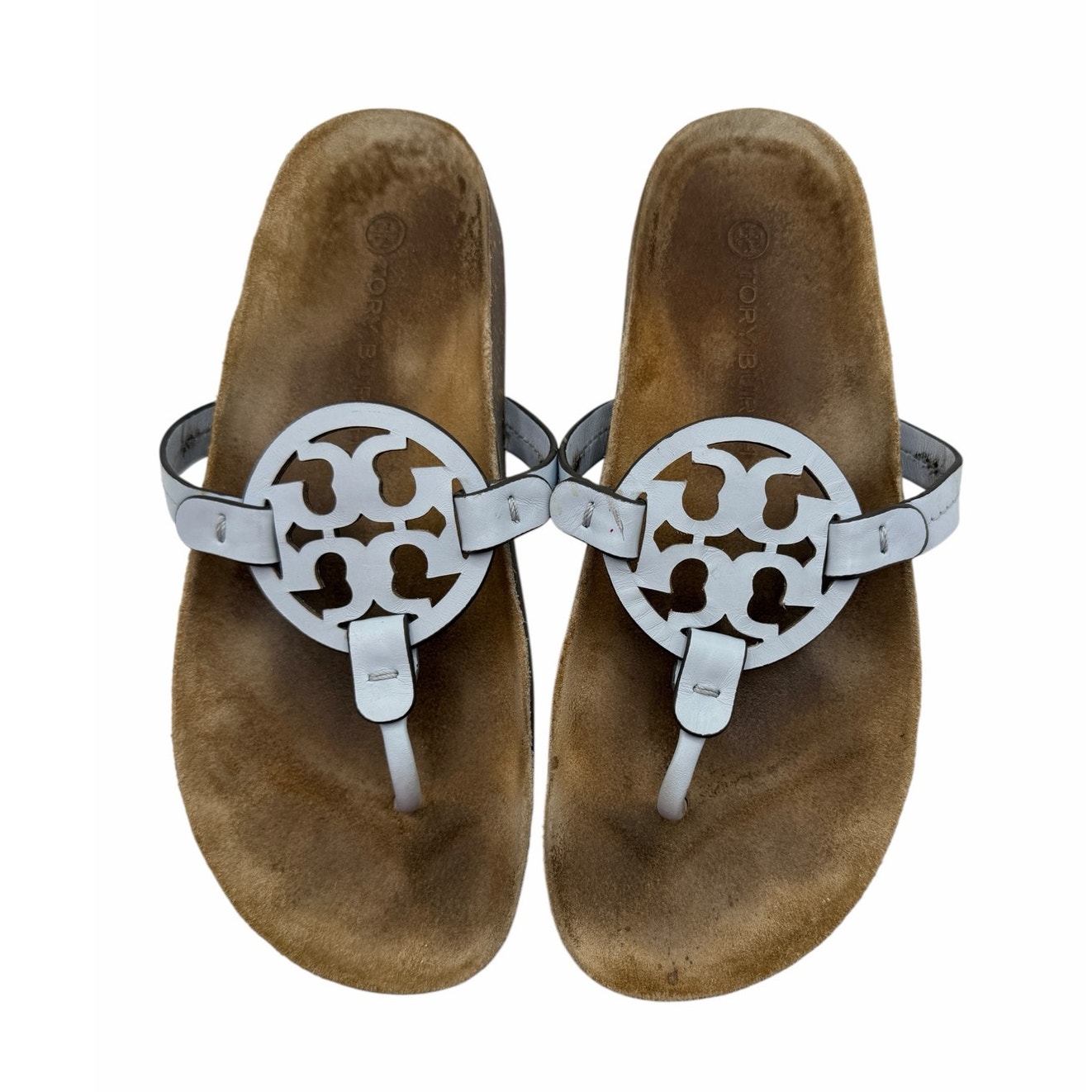 Tory Burch Miller Thong Sandals Light Blue Leather Logo Cork Footbed Womenâs 8.5